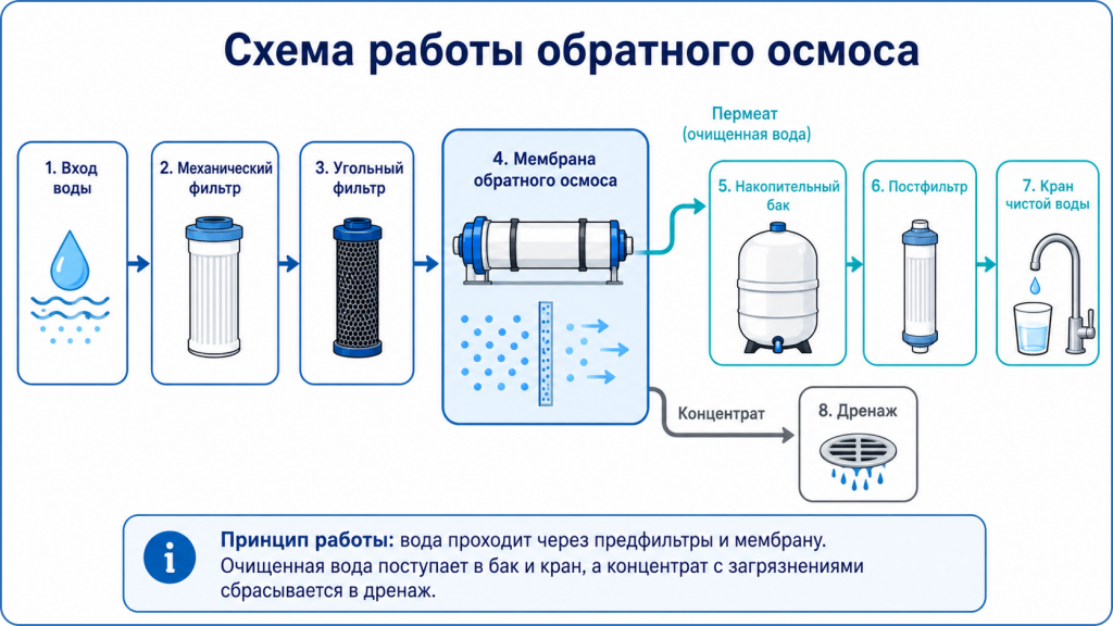 Схема работы обратного осмоса