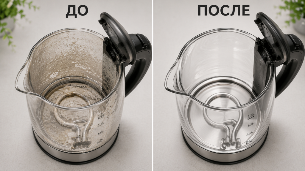 Чайник с накипью до и после очистки