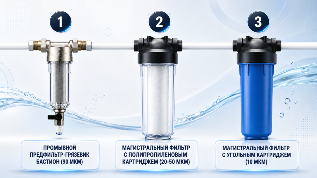 Схема очистки воды при большом объеме механических примесей в квартире